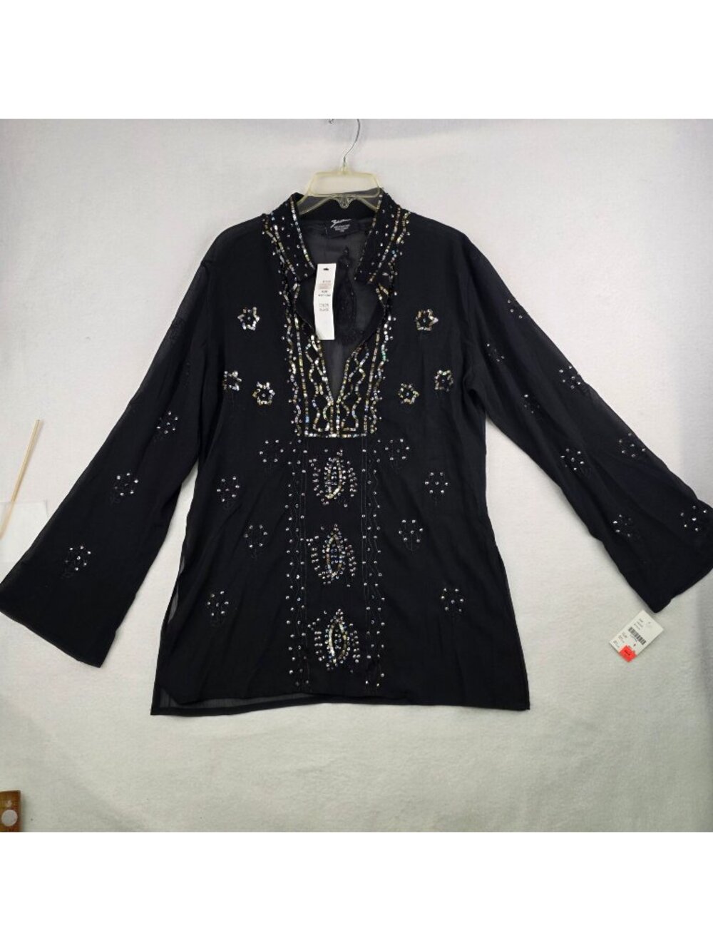 Womens Sequin Embroidered Tunic Top M Black Chiffon Whimsical Whimsygoth Fairy